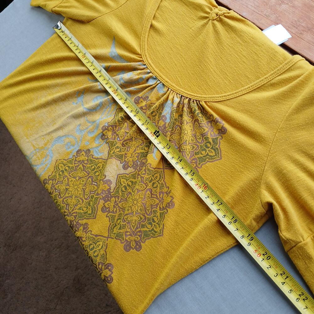 Ransom Vintage Y2K Tunic Tee Blouse L mustard yellow grey paisley graphic print - Picture 11 of 12